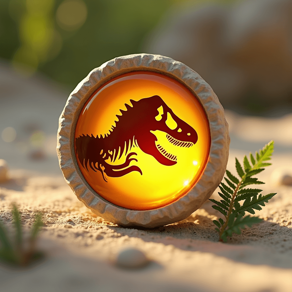 Bernstein-Emblem mit graviertem Velociraptor-Profil