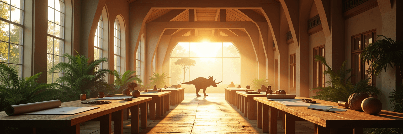 Weite Werkstatthalle im Morgenlicht, Farne an den Fenstern, Dinosaurier als Silhouetten im Hintergrund