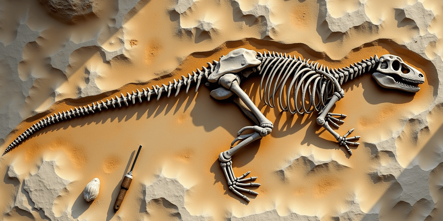 Fossilplatte mit freigelegtem Dinosaurier-Skelett