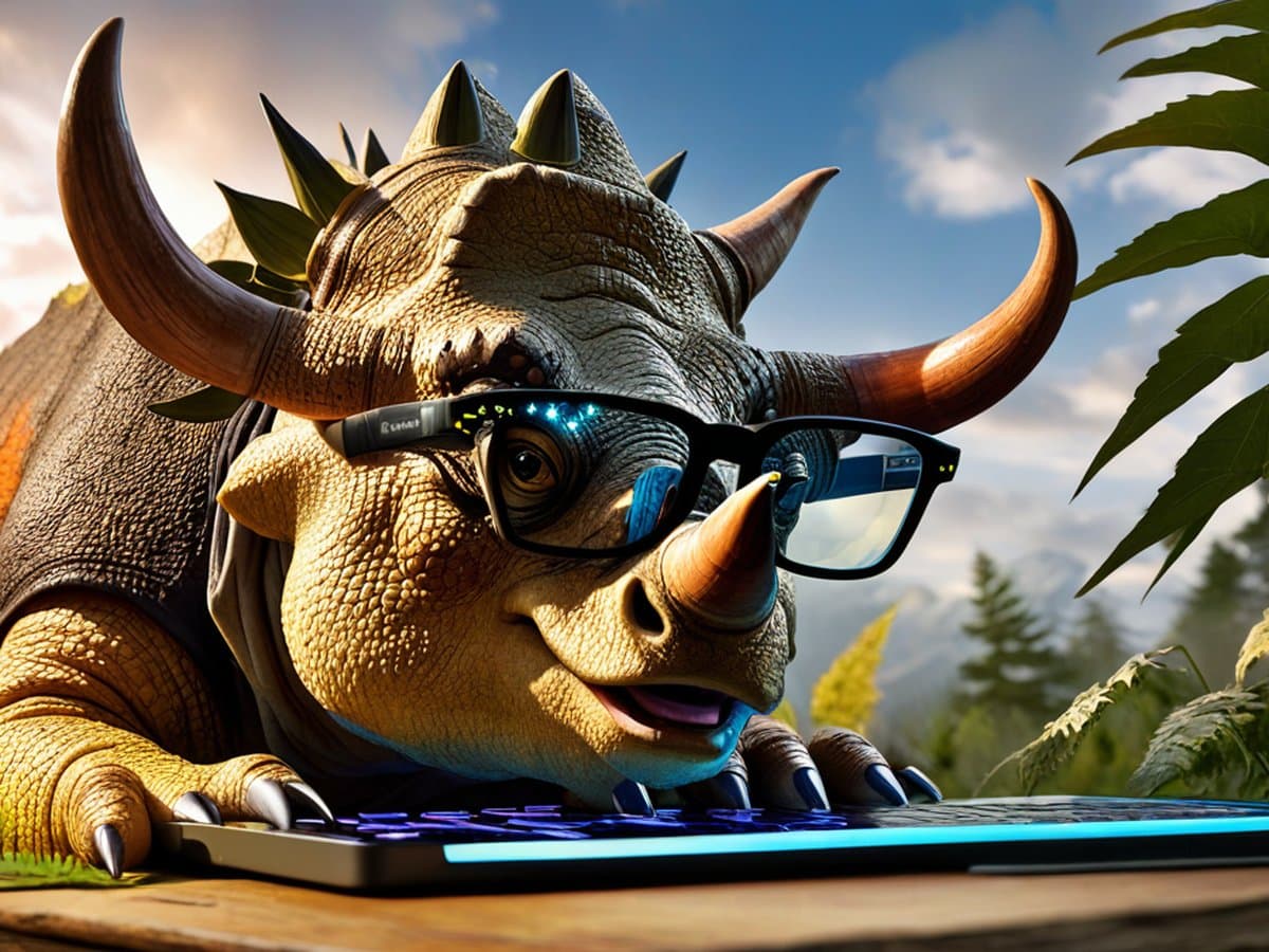 Triceratops mit Brille am beleuchteten Keyboard