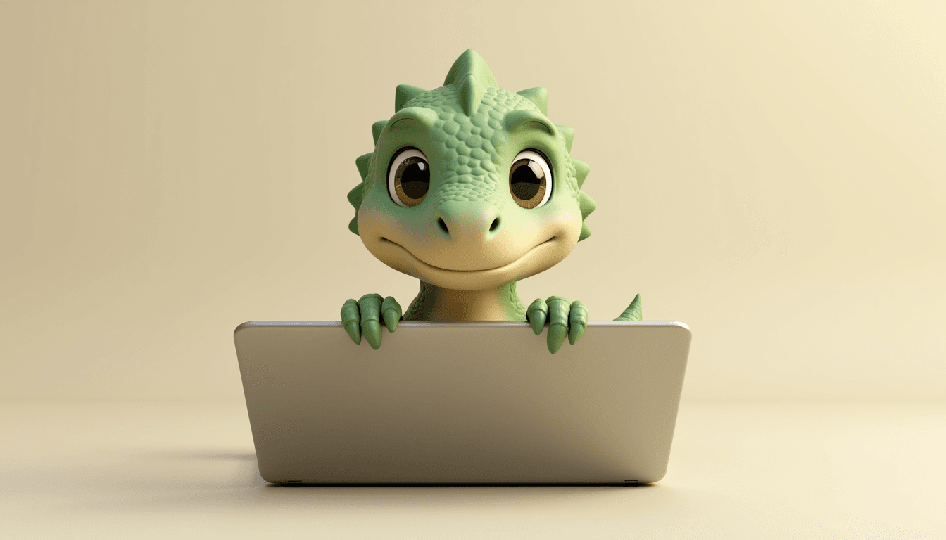 Der DinoTech-Dino späht neugierig über eine Laptop-Kante