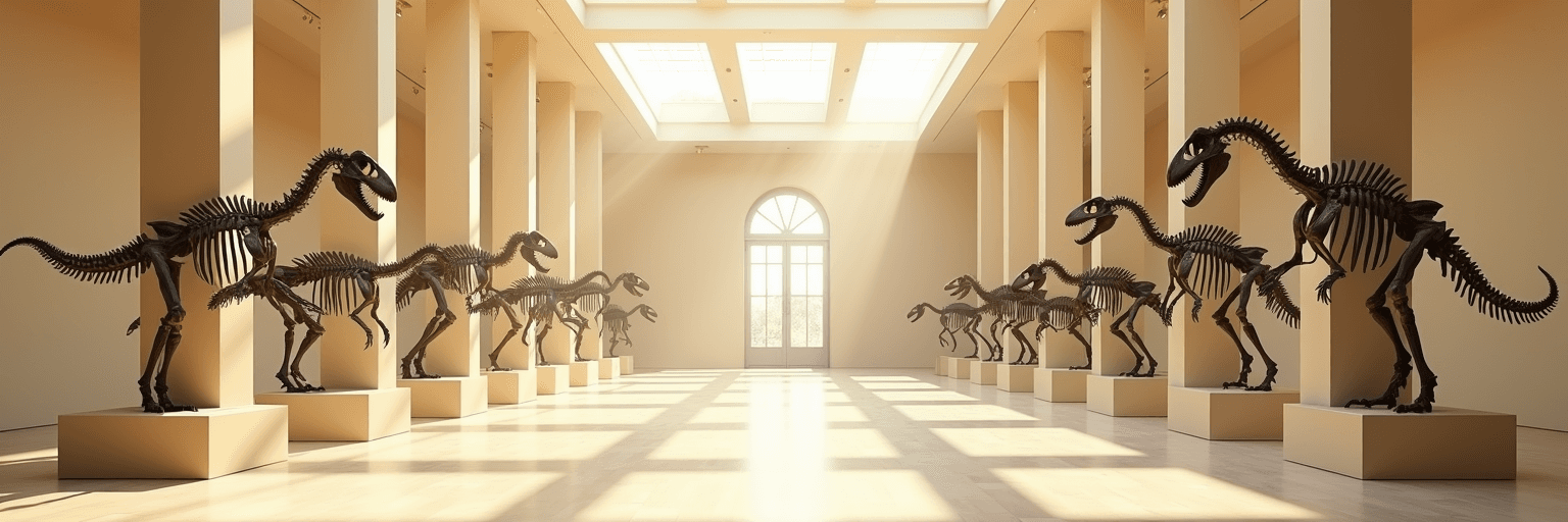Helle Museumshalle mit einer Reihe aufgestellter Dinosaurier-Skelette